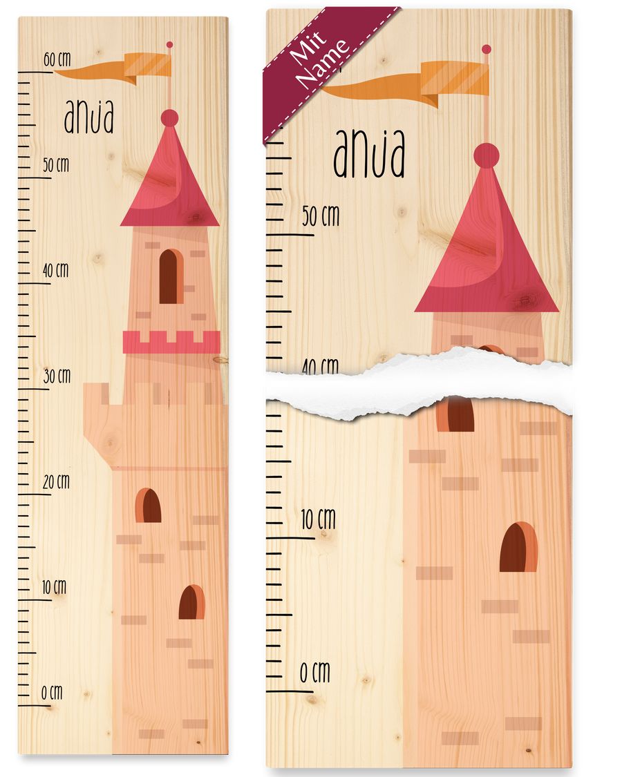 Rosa Turm des Schlosses mit Name - Geschenk Mädchen Kindermesslatte Märchenhaftes Turmmotiv